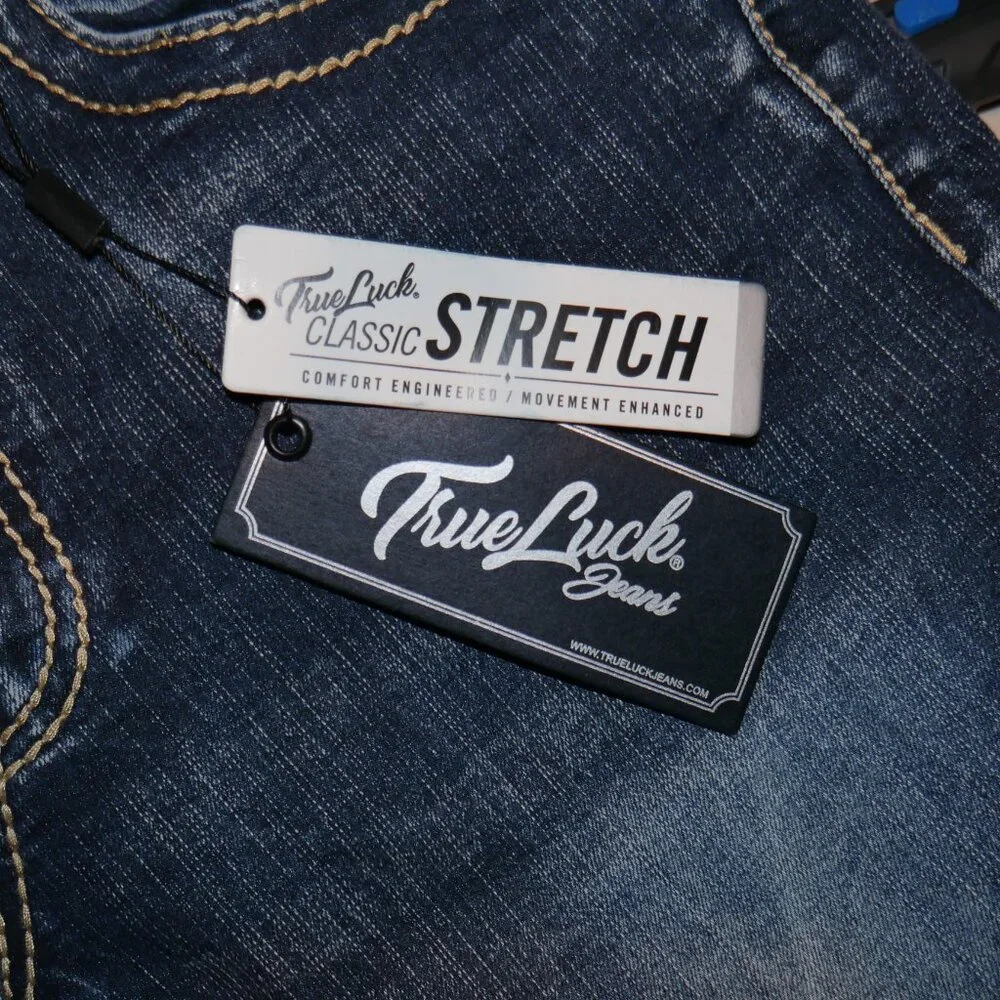 True Luck Straight Leg Jeans Dark Wash Denim Men's Size 32x32 Thick Stitch BKE